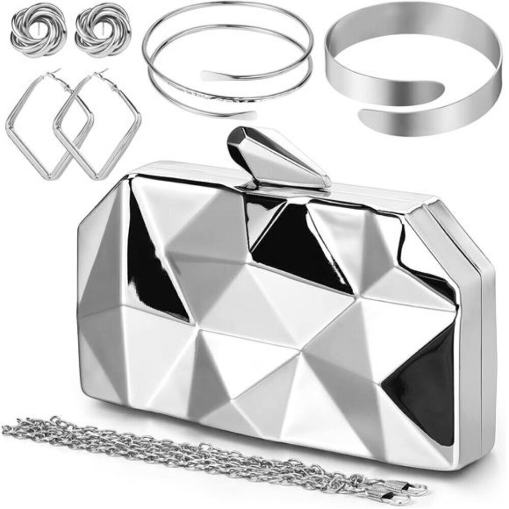 SILVER 5 Pc Clutch Purse for Women Evening Prom Metallic Clutch W/ Jewelry Set